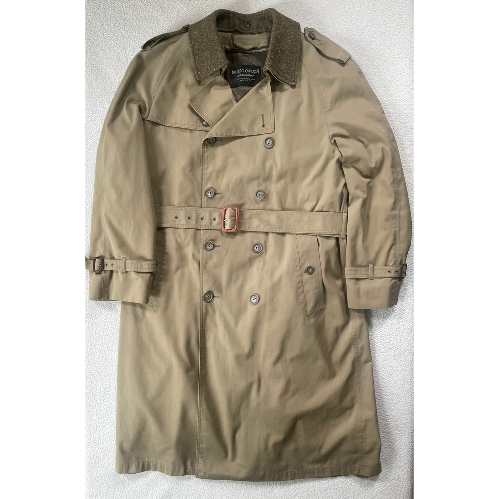 London Fog Mens 42 Regular Trench Coat Tan Double Breasted Belted Wool Liner USA